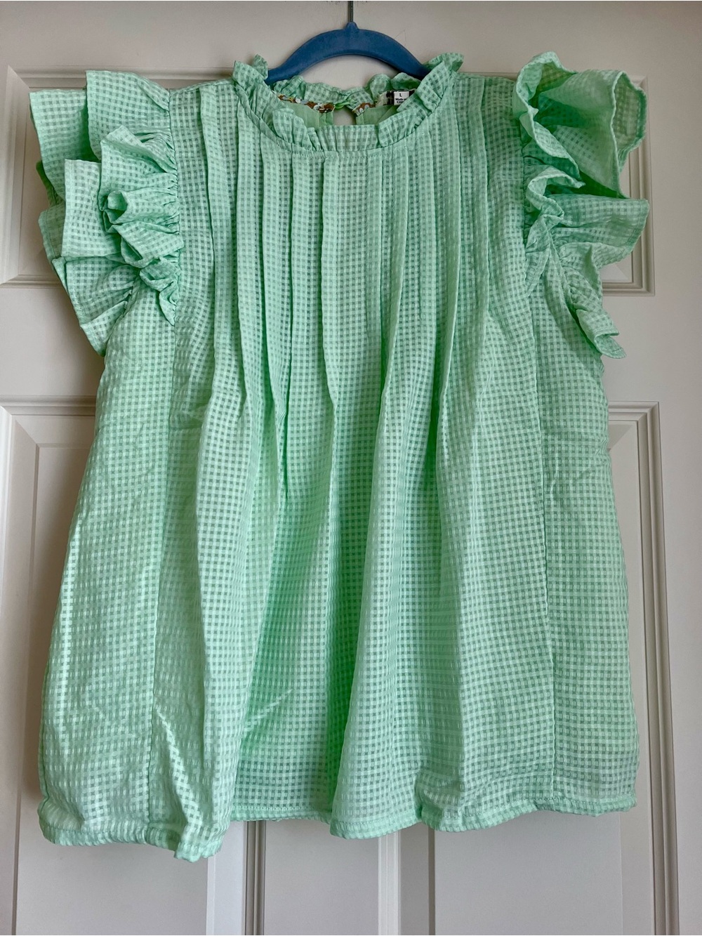 Umgee Mint Green Gingham Ruffle Sleeve Waffle Knit Top